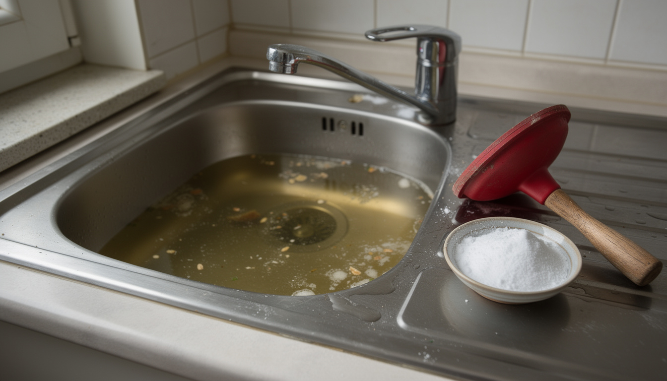 Verstopfter Abfluss Verstopfter Abfluss: Küchenspüle mit stehendem Wasser, daneben Pömpel und Natron